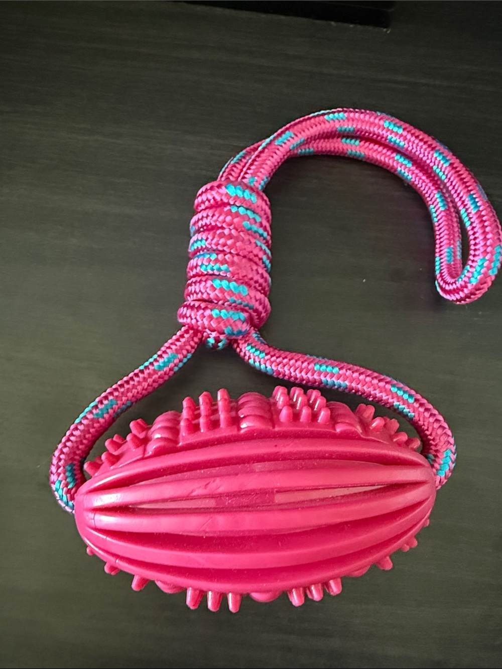 Pink Textured Rubber Tug Toy with Pink & Teal Rope